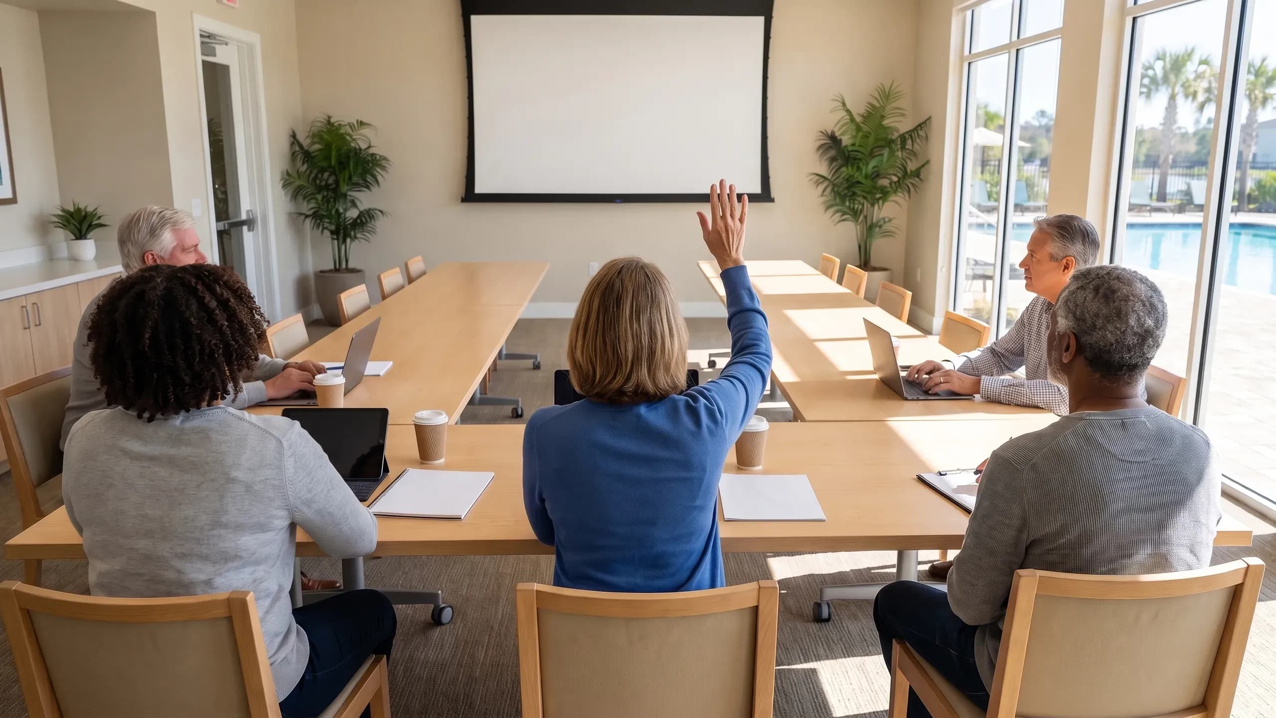 A homeowners association board meeting around a table in a clubhouse room.
