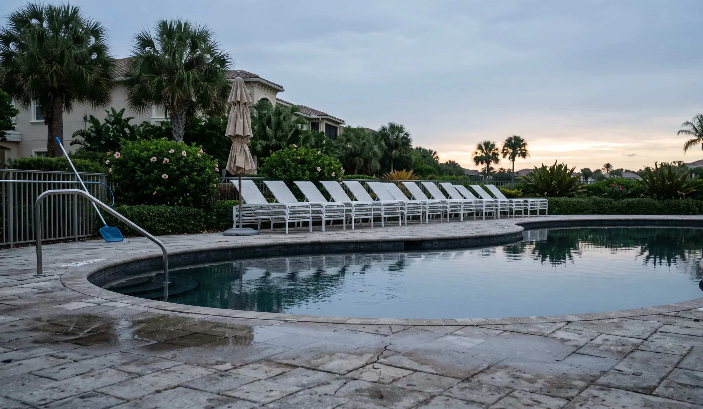 An empty community pool deck at dusk with loungers lined up.