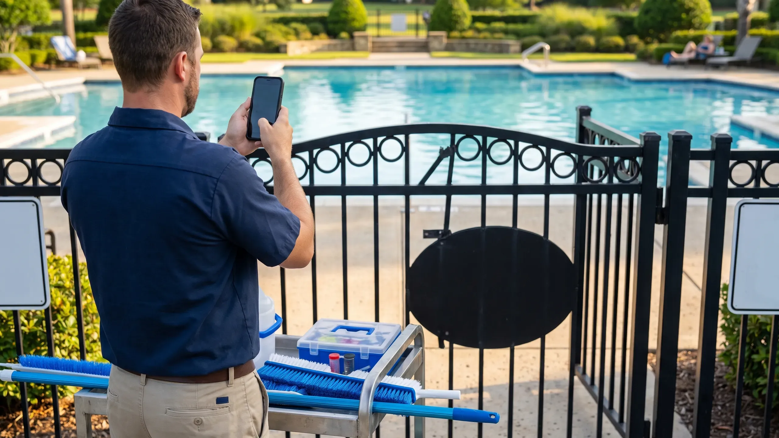 A pool monitor at the gate holding up a phone to check people in.
