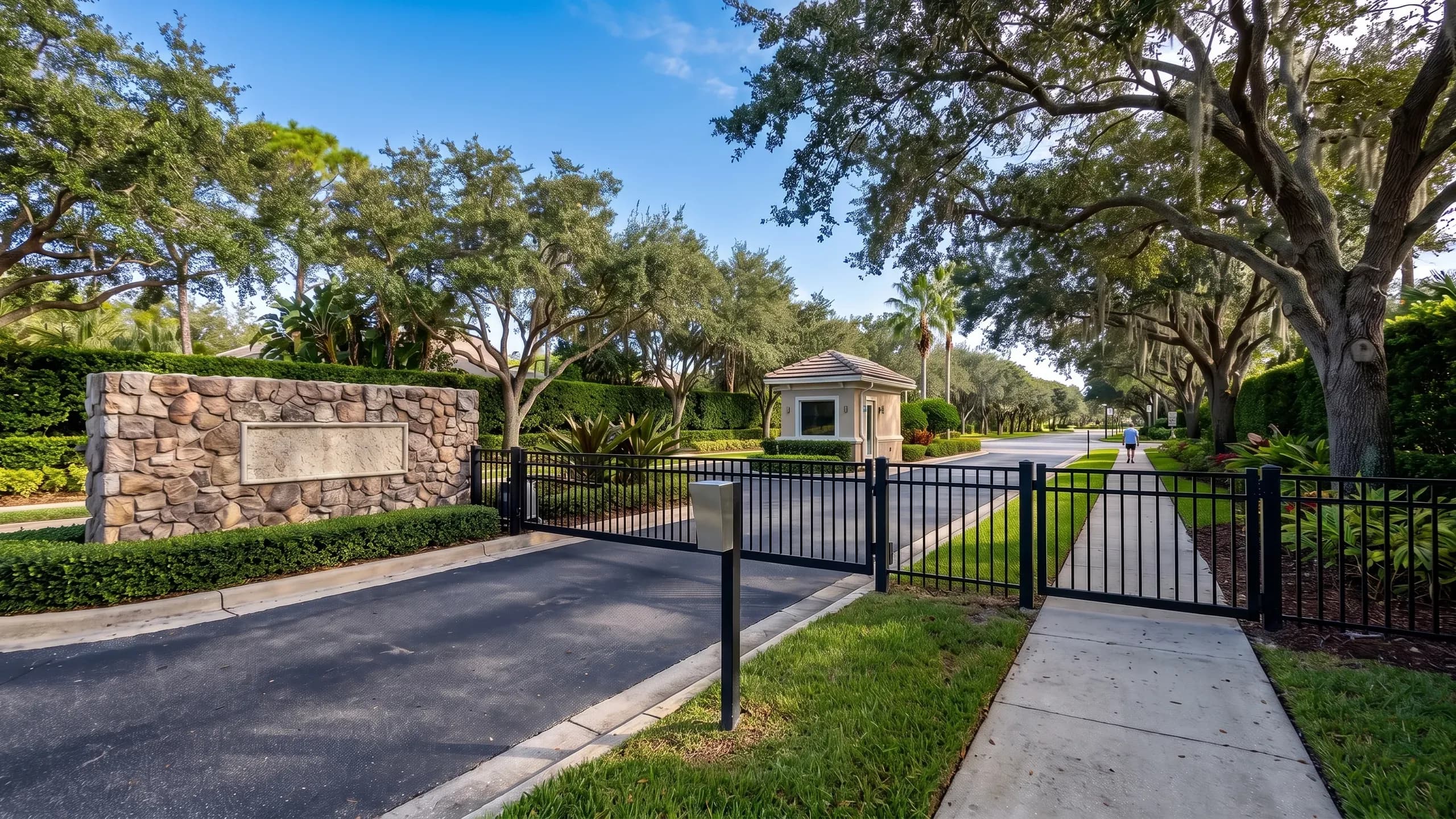 A pedestrian gate beside the vehicle gate at a community entrance under oak trees.