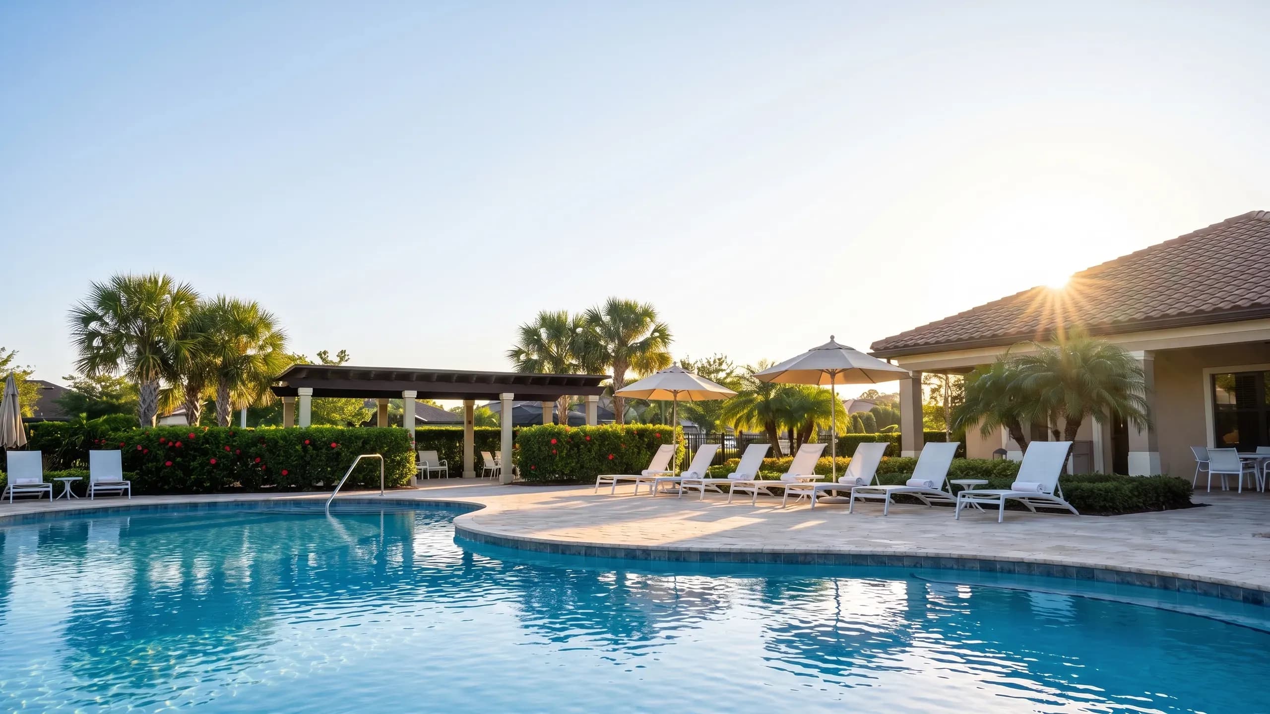 A resort pool at sunset with palm trees and a clubhouse.