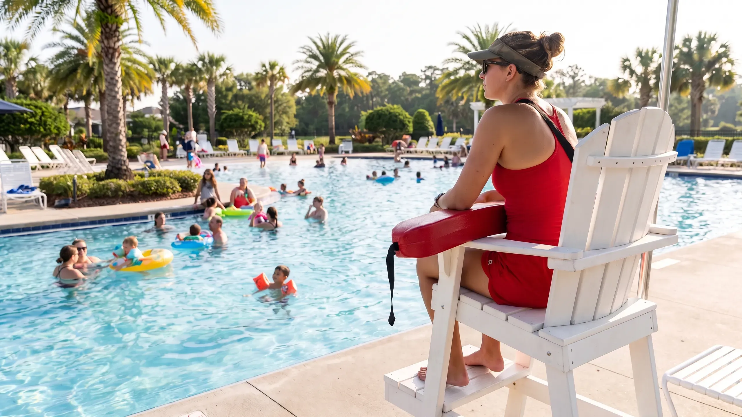 A lifeguard in a red suit seated on a white chair, watching swimmers in a resort pool.
