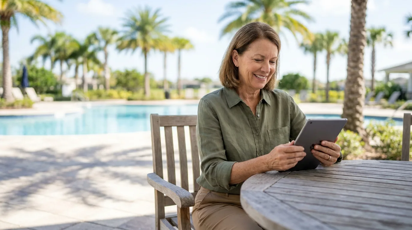 A board member smiling at a tablet at a table beside the community pool.