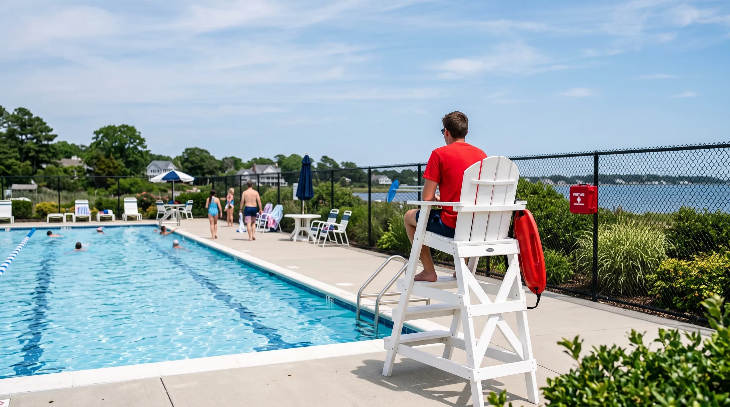 A lifeguard on a white stand beside a lap pool on a sunny day.