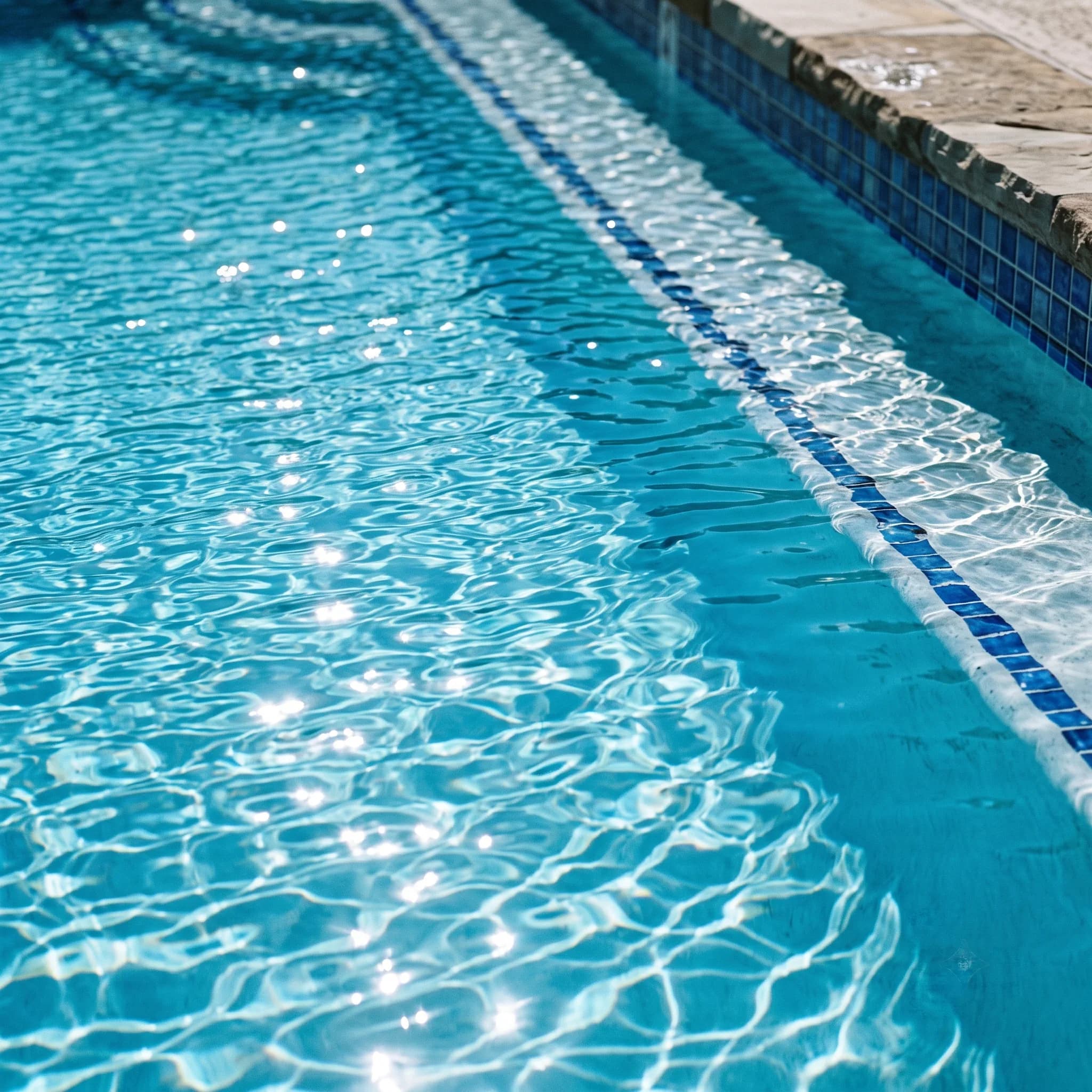 Clear blue pool water over a tiled lane line.