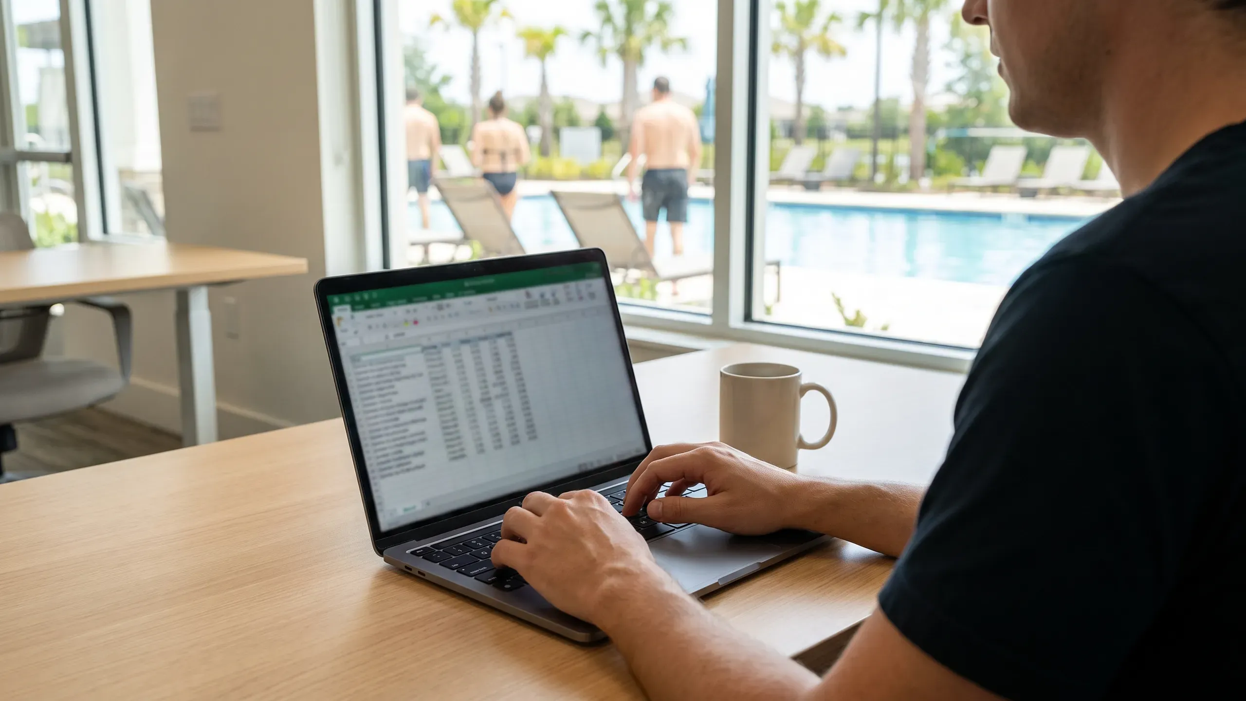 A manager at a desk beside a window with a view of the pool, working on a spreadsheet on a laptop.
