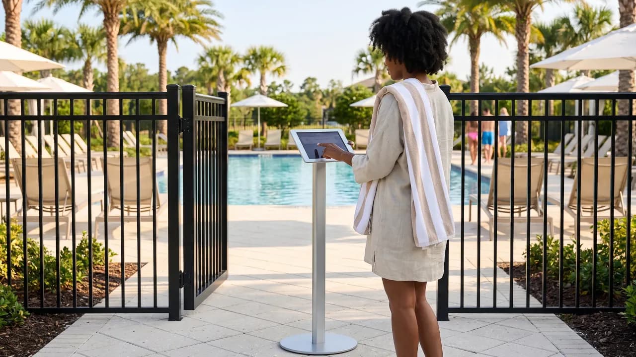 A resident checks in on a tablet in a slim floor stand at the pool gate.