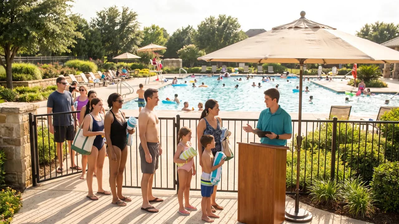 A busy afternoon at a pool gate: a line of families waits while an attendant at a wooden stand checks them in.