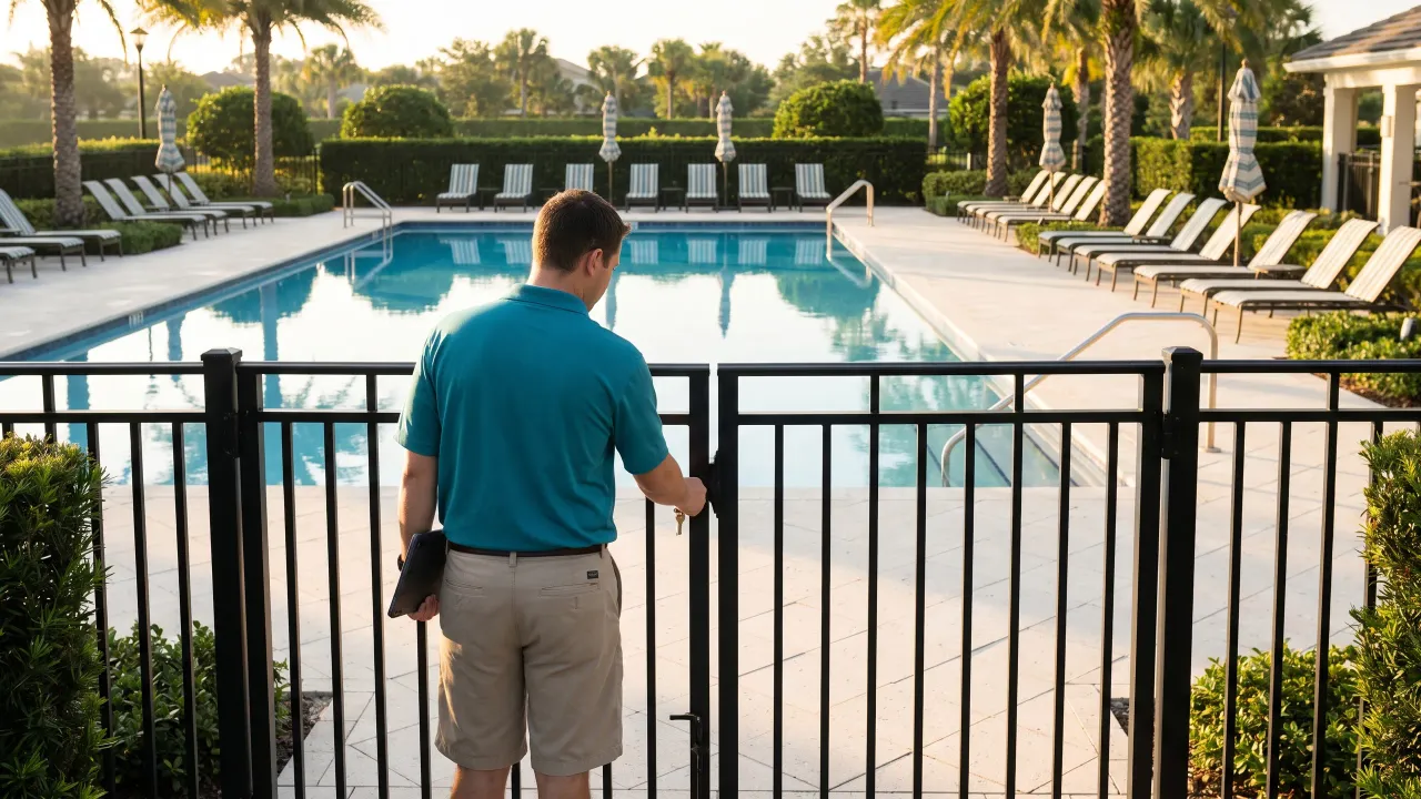 A pool attendant in a teal shirt opens the gate at the start of the day, the pool still and empty behind the fence.