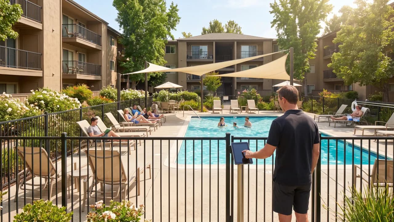 A pool attendant in a dark shirt checks someone in on a tablet at the pool fence of an apartment complex, residents lounging behind him.