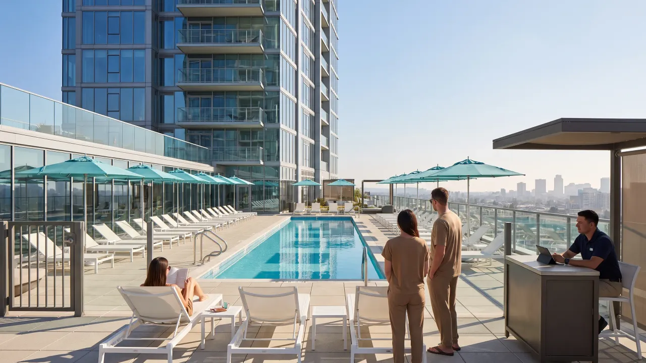A rooftop pool beside a glass tower, with two residents at the edge of the pool and a staff member at a check-in counter.