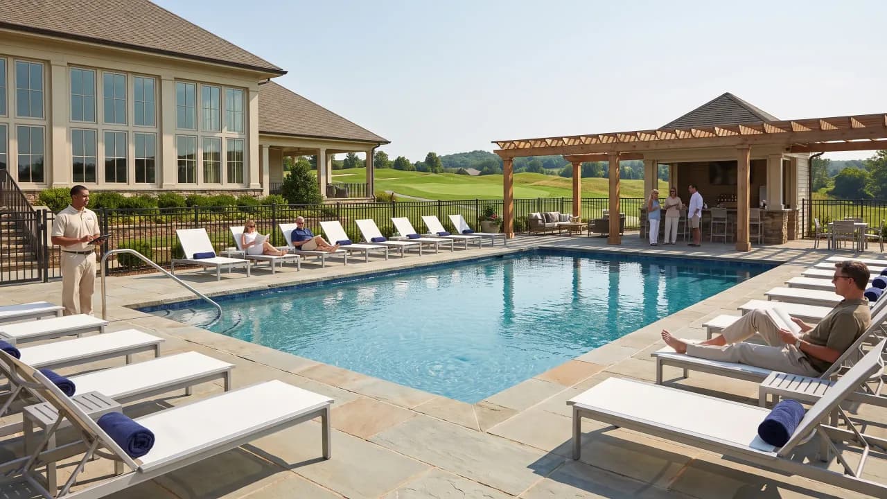 A country club pool with lounge chairs, a pergola and a staff member at the club entrance.