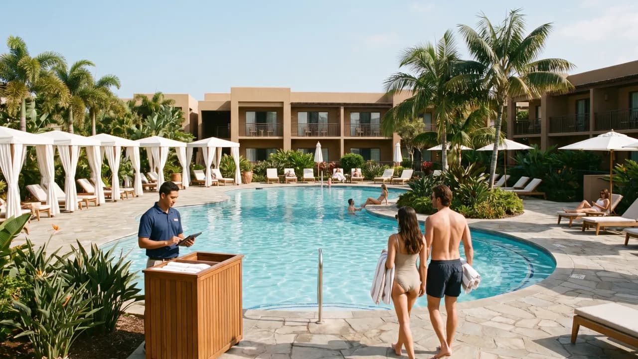 A hotel pool with palm trees and cabanas, a staff member at a check-in stand and two guests walking in.