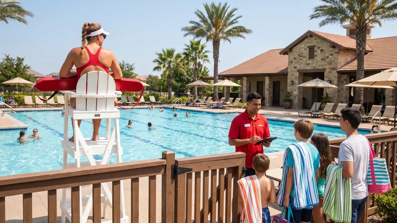 A lifeguard watches swimmers from a tall white chair while a staff member in a red polo checks a family in on a tablet at the pool fence.