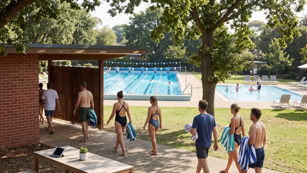 Swimmers and families arriving at a neighbourhood pool club with a brick bathhouse and a lap pool.