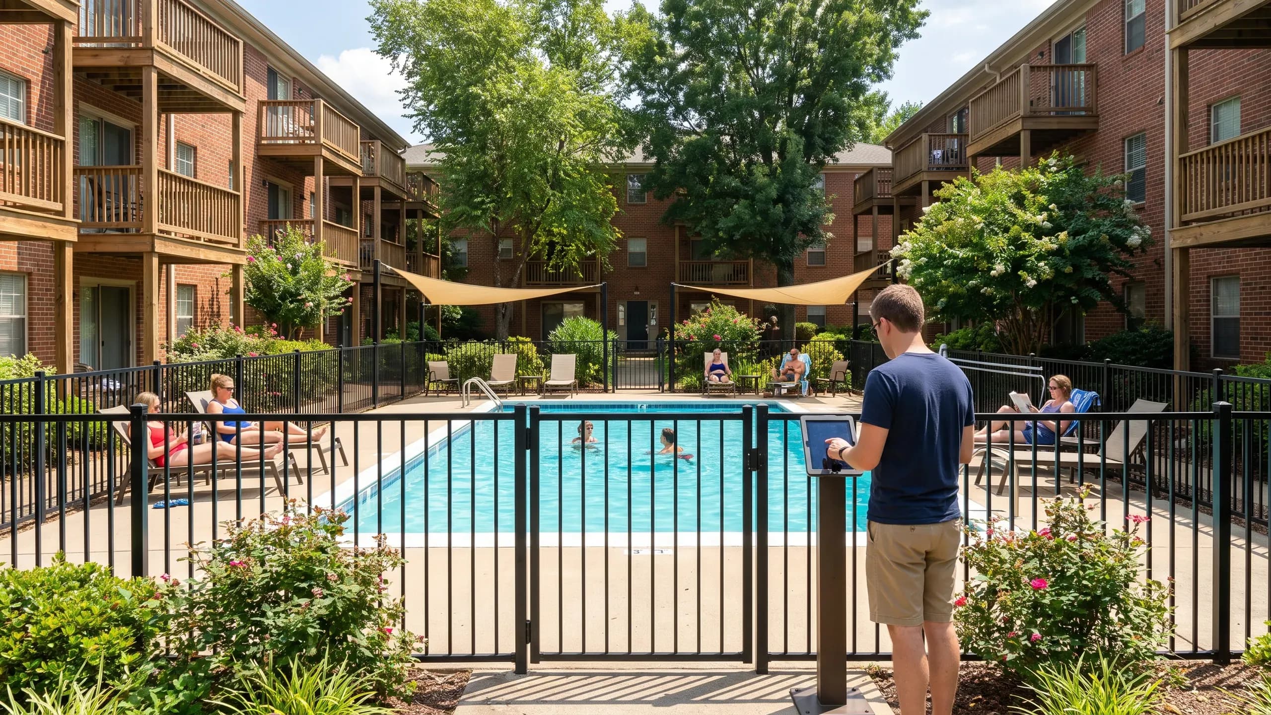 A pool attendant at a fenced apartment pool gate holding a tablet, with a resident approaching and the brick building behind.