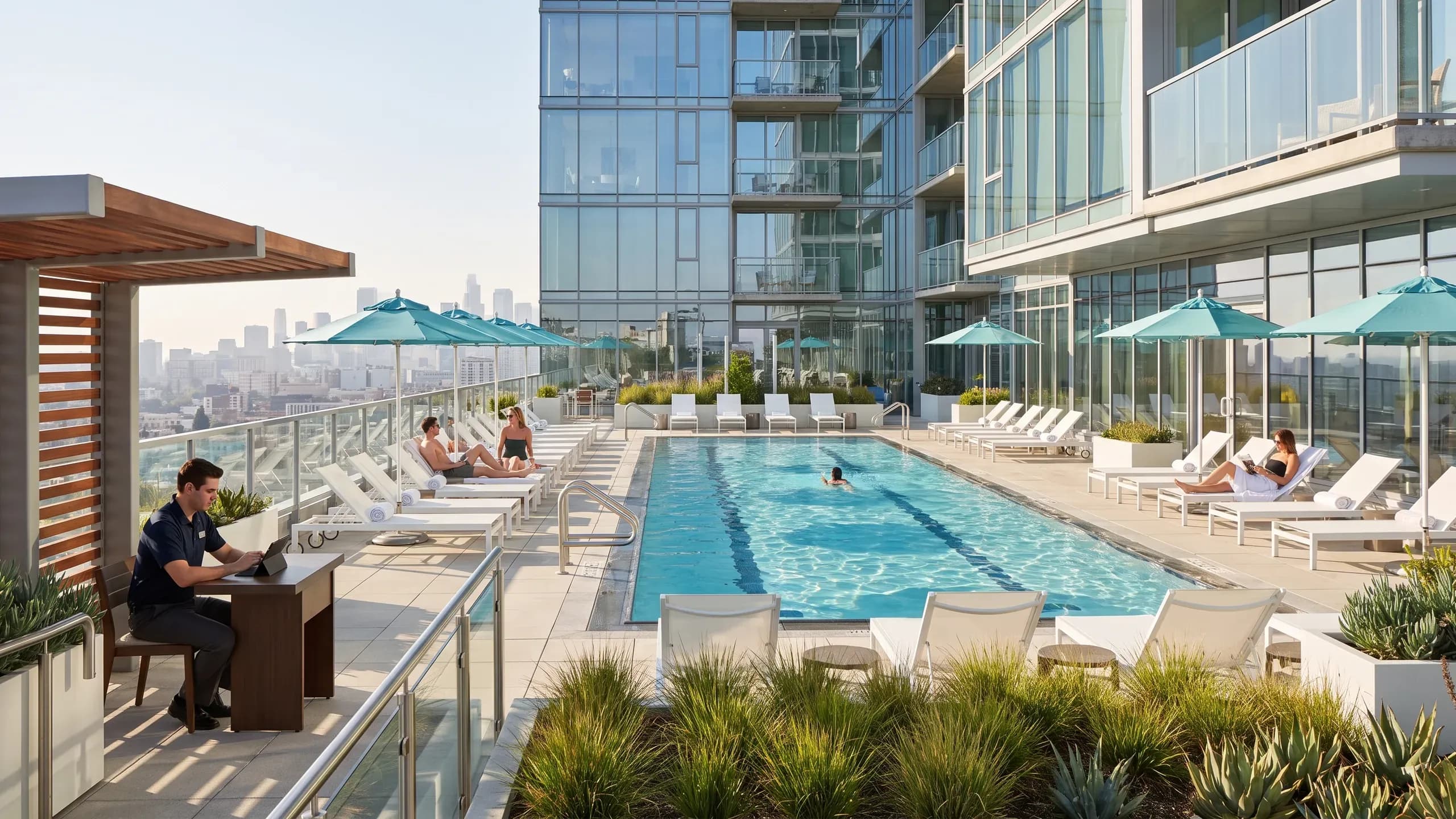 A high-rise condominium pool deck with a lap pool, loungers and a front-desk attendant working at a small desk.