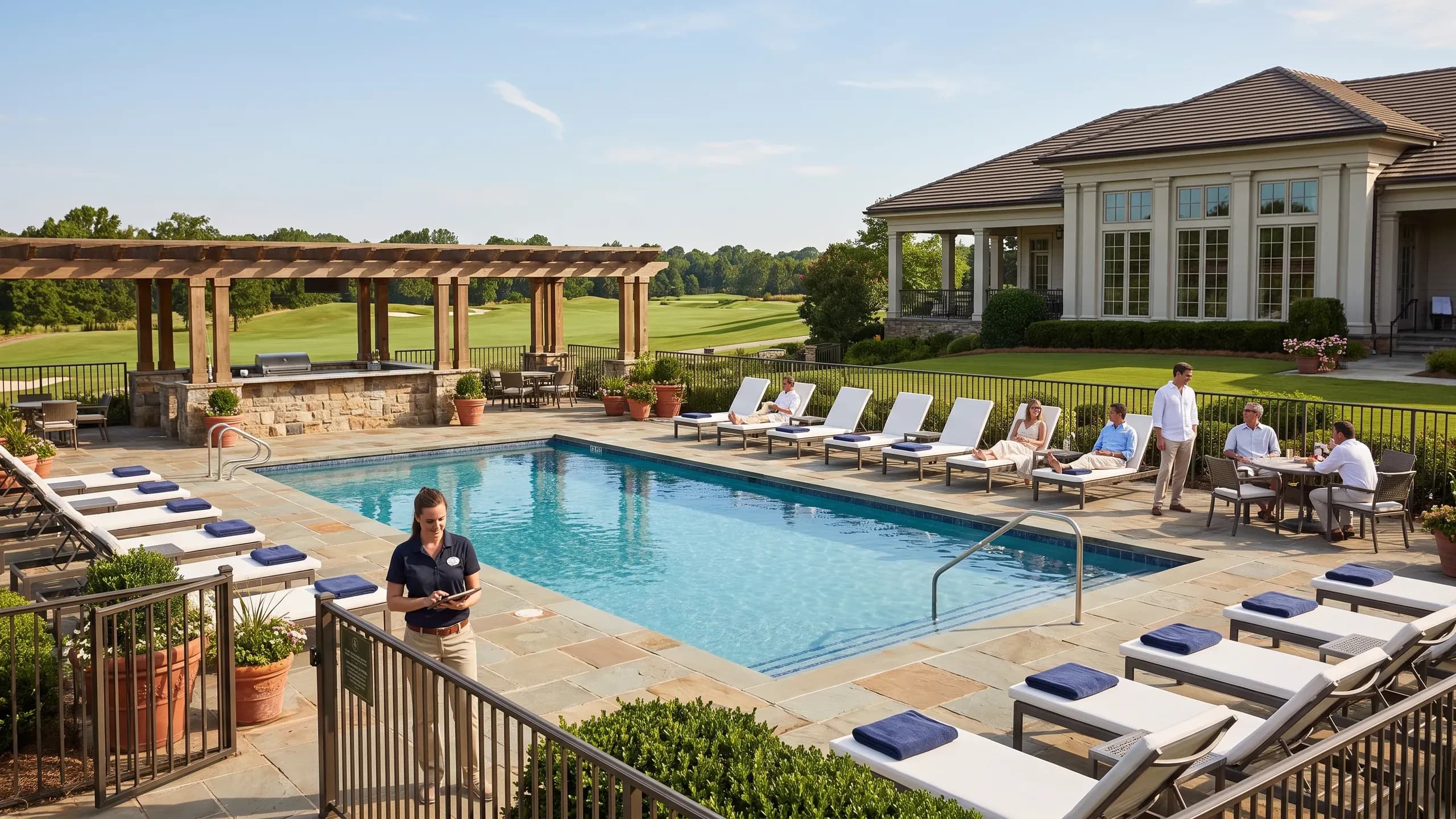 A staff member standing on a country club pool deck with loungers, a pergola and the clubhouse behind.