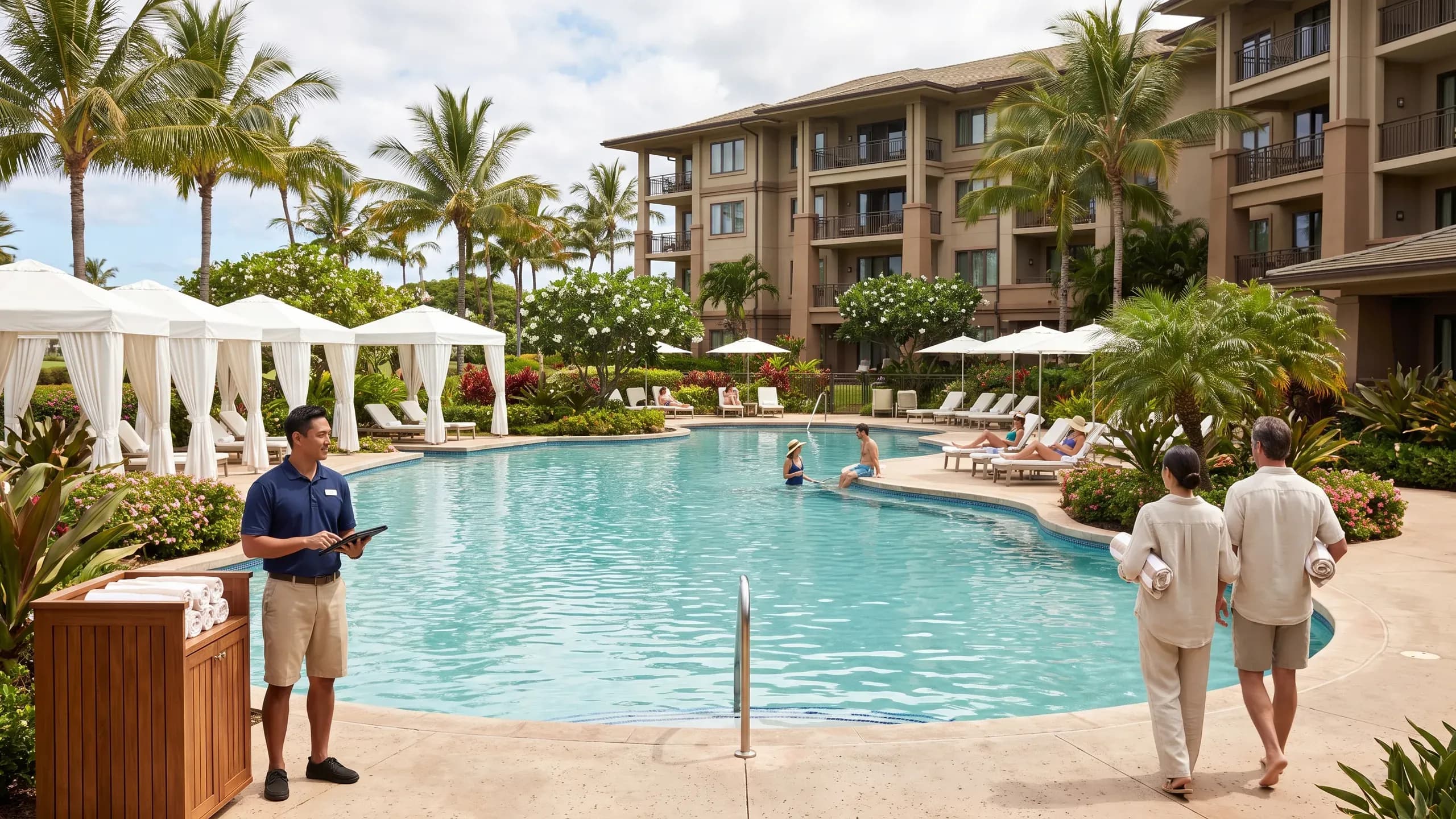 An attendant in a navy shirt with a tablet beside a resort pool, with guests walking past under palm trees.