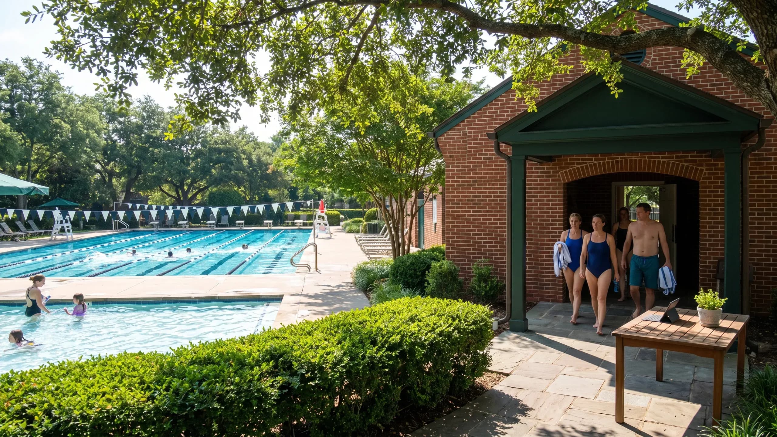 Members arriving at a pool club entrance under a brick archway, with a lap pool and trees beyond.