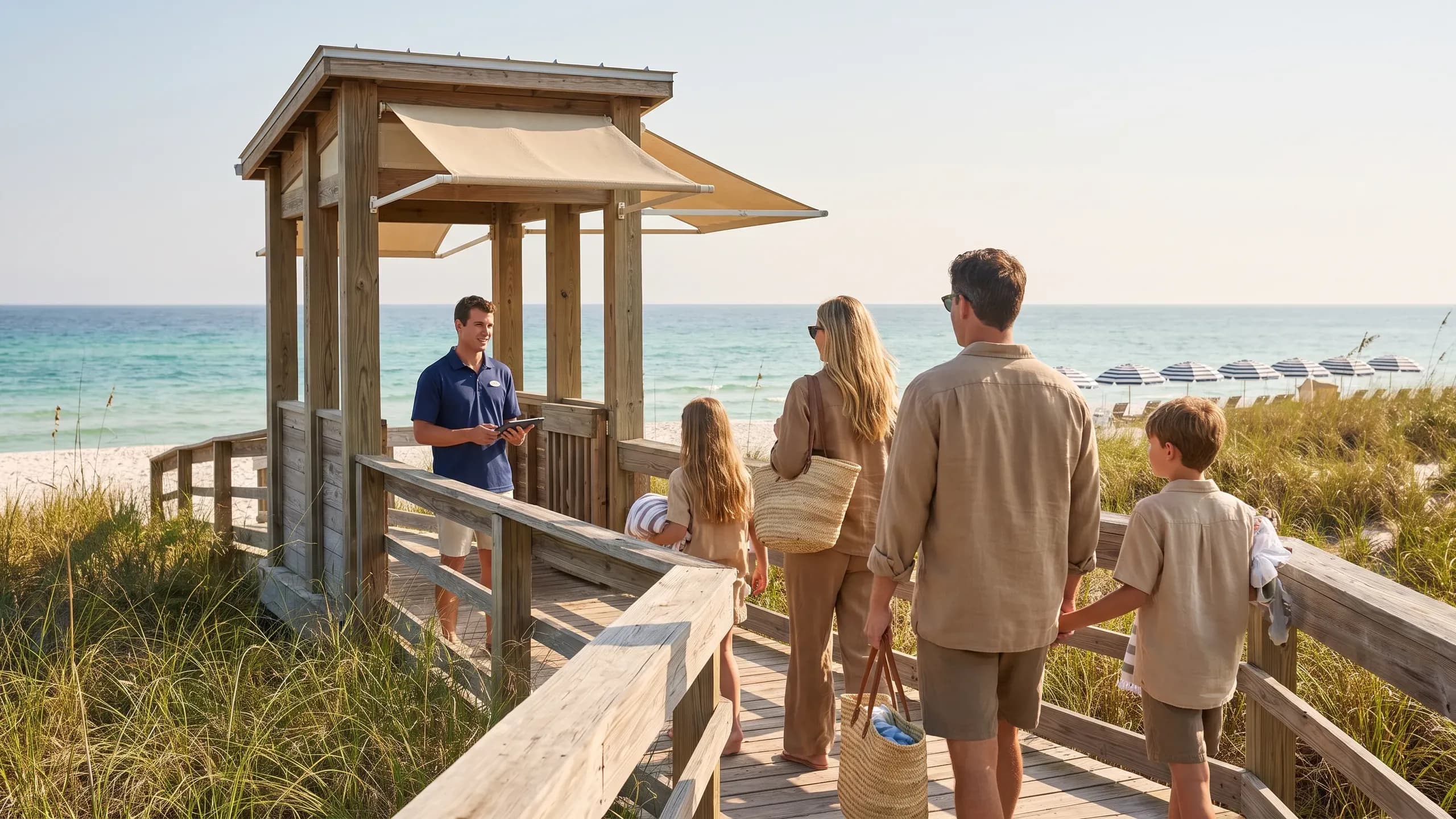 A family walking down a beach boardwalk past a shaded gate pavilion, with an attendant and the ocean behind.