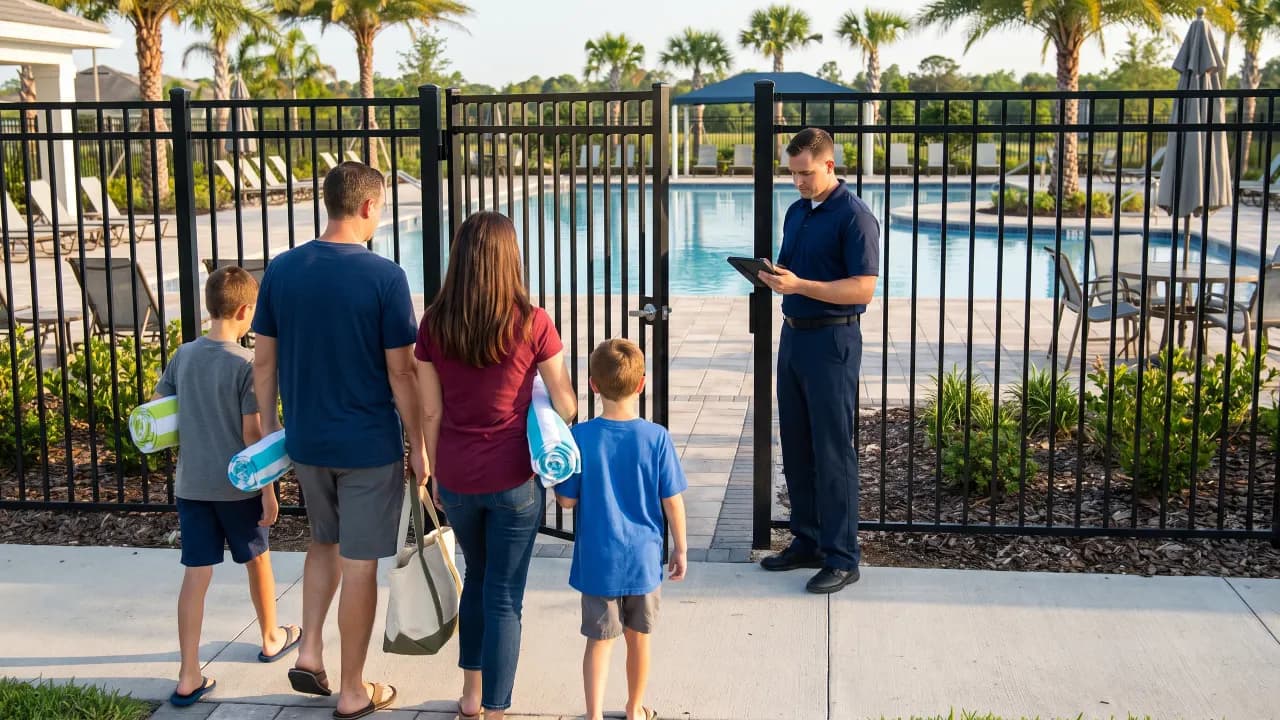 A guard in a dark uniform holds a tablet at a pool gate while a family walks in.