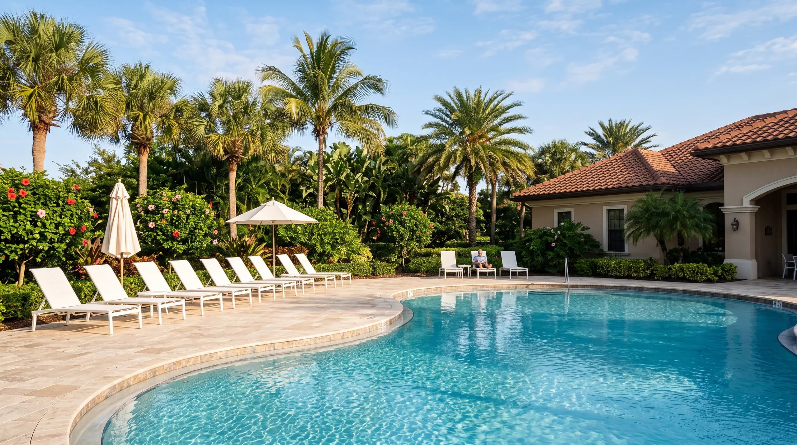A resort-style community pool with white lounge chairs, umbrellas and palm trees.