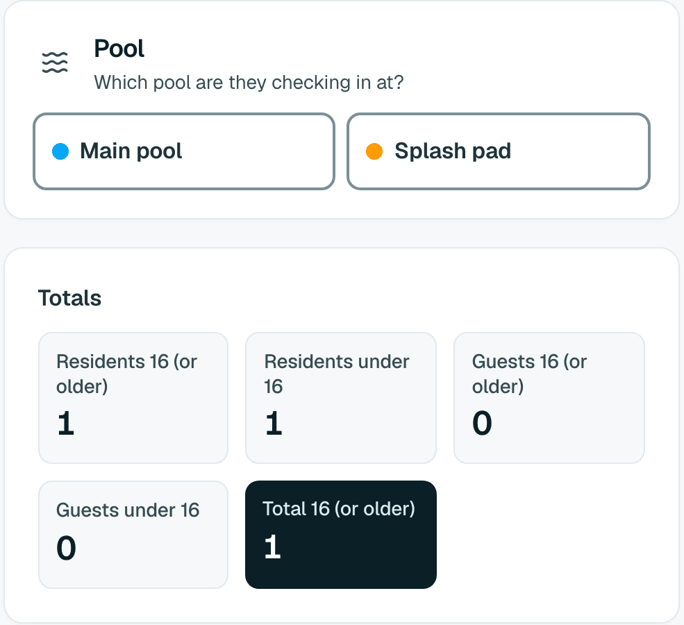 The pool choice, Main pool or Splash pad, and the totals: residents 16 or older, residents under 16, guests 16 or older, guests under 16 and the total 16 or older.
