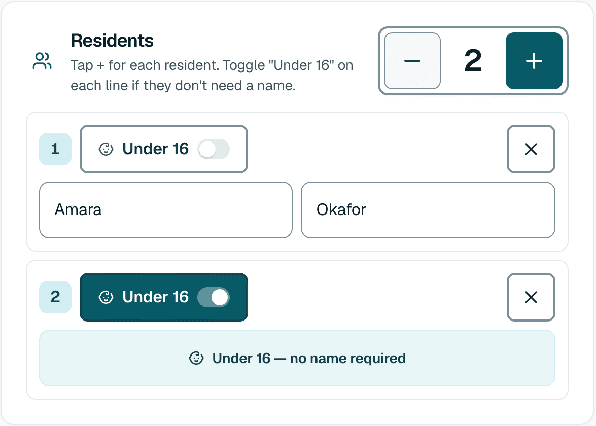 The Residents card: a count of 2, the first resident named Amara Okafor, the second marked Under 16 with the line Under 16, no name required.
