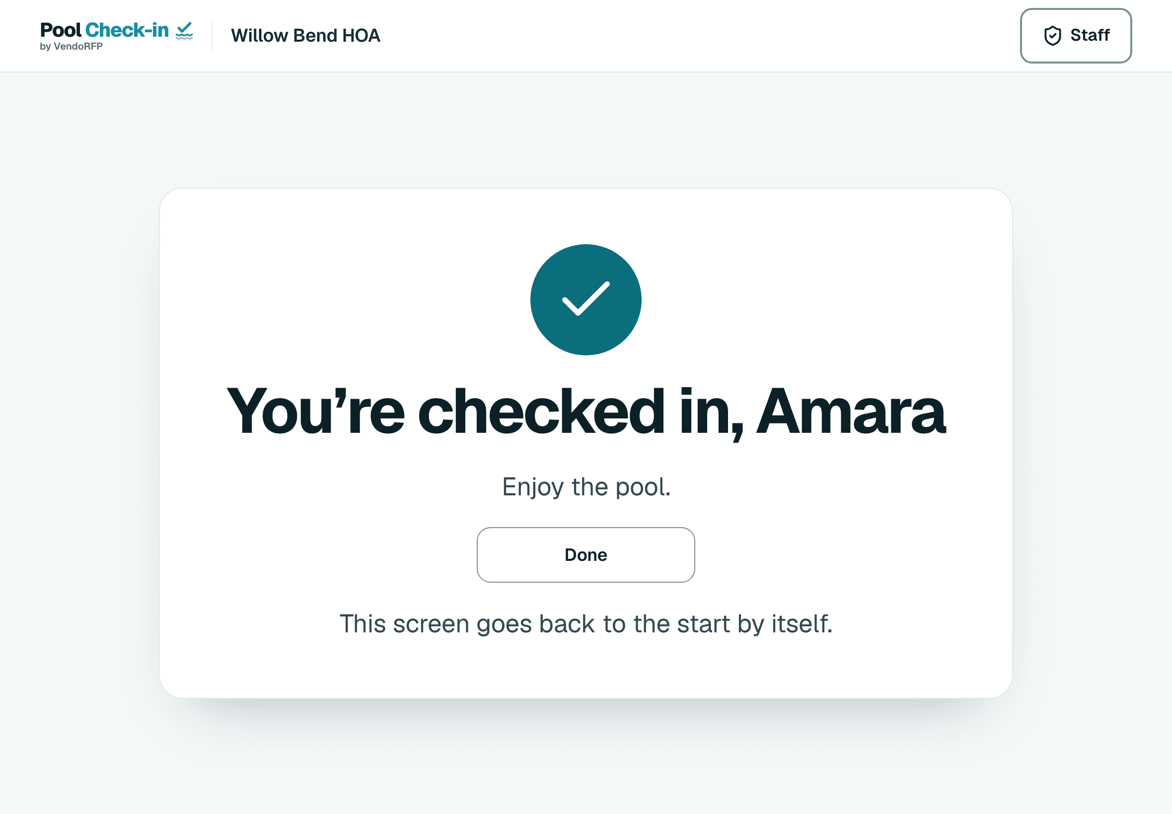 A confirmation: You're checked in, with a note that the screen goes back to the start by itself.