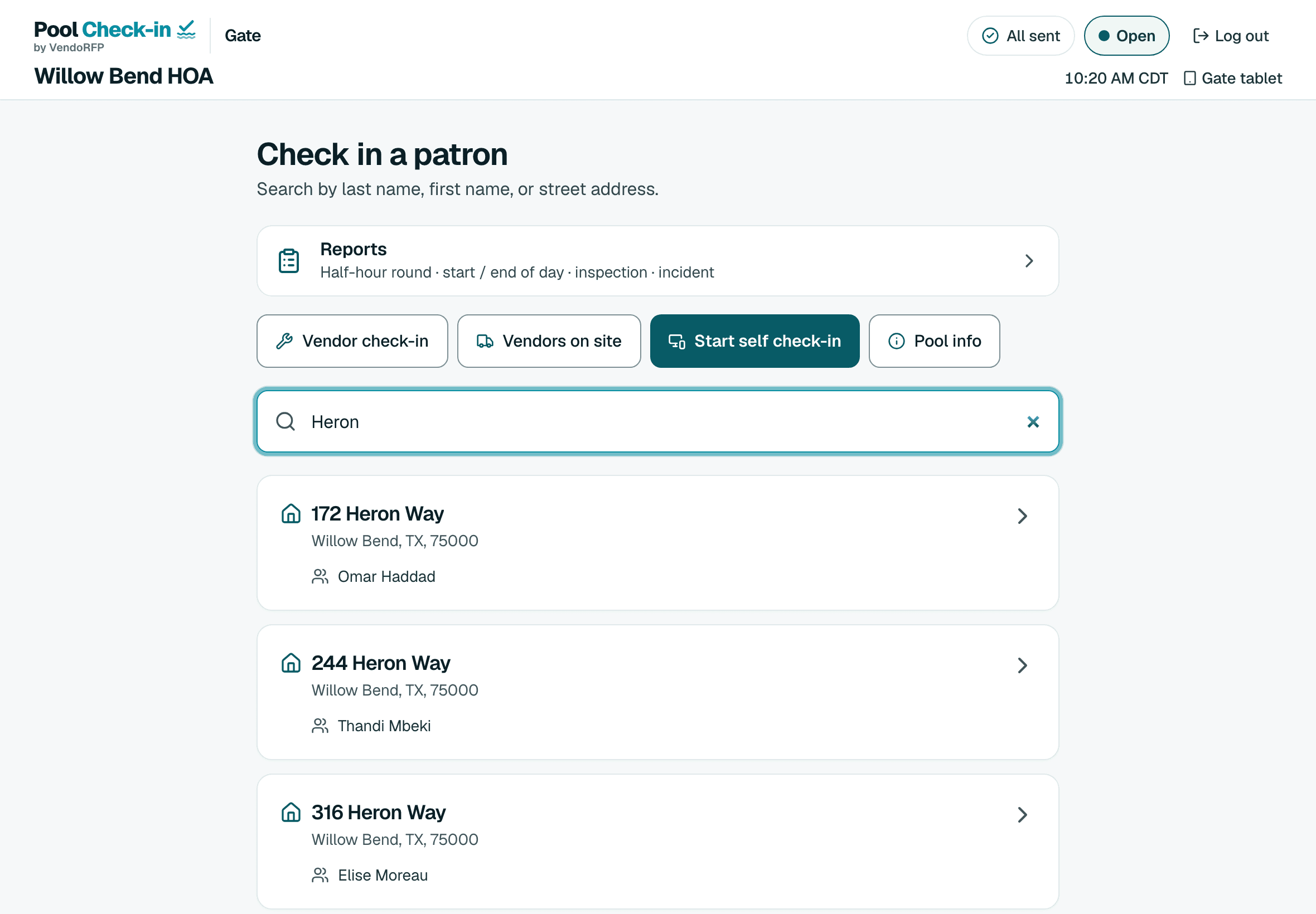 Check in a patron on a tablet: a search for Heron lists three addresses.