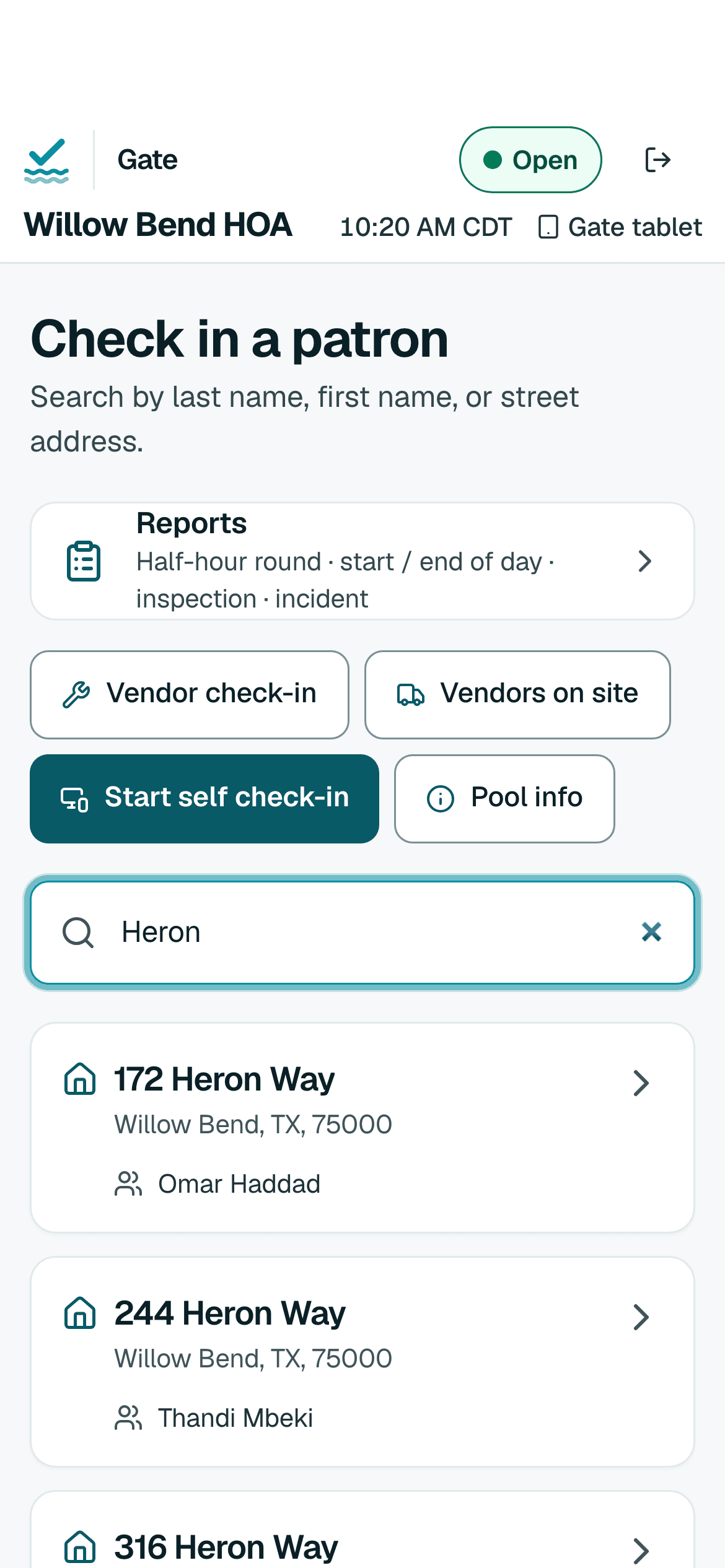 Pool Check-in on a phone: searching a street lists the households on it.